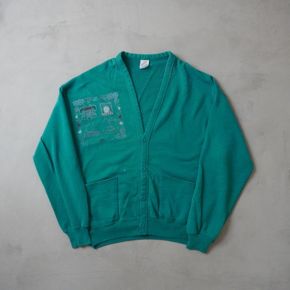 Vintage 90s Cardigan Sweatshirt One Size Large Teal Green Graphic USA Made